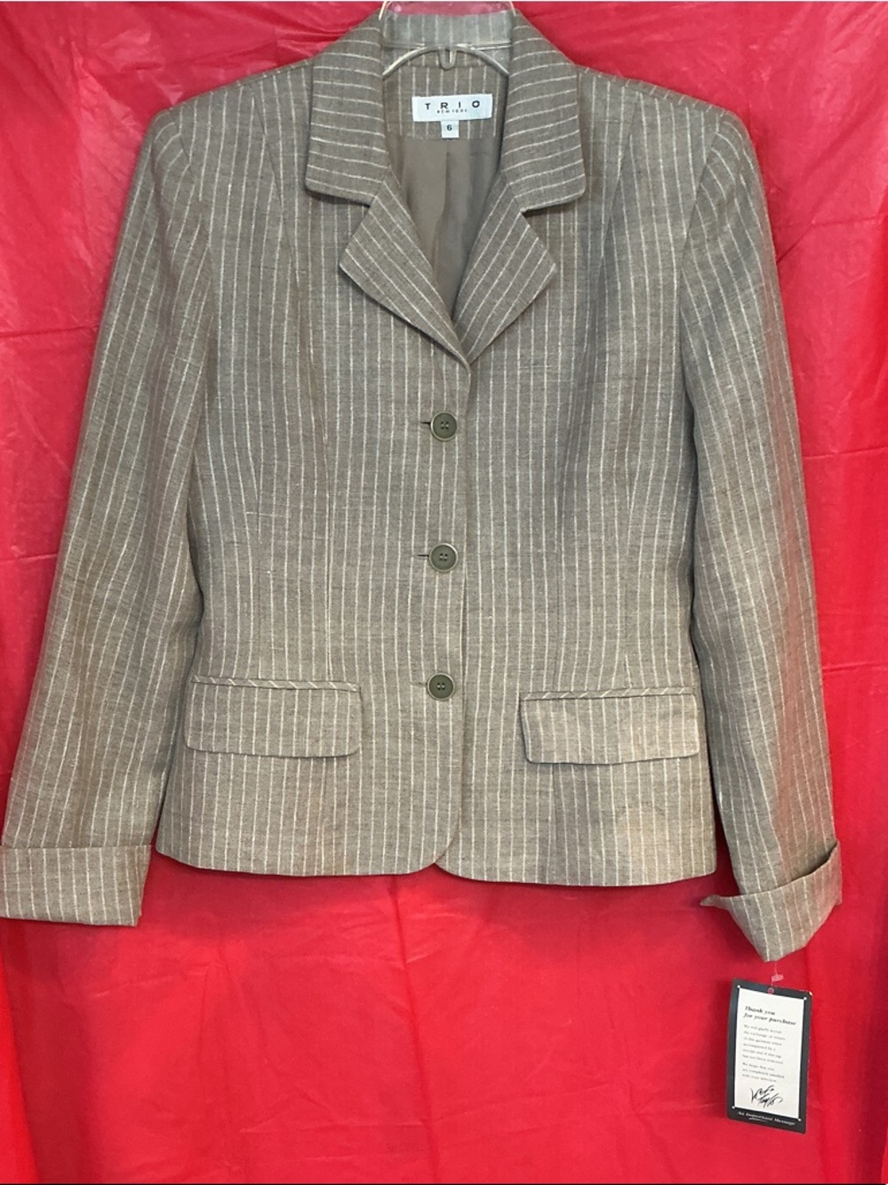 Trio New York Taupe Pinstripe Suit Jacket